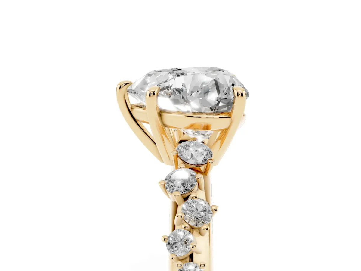 Heart Cut Diamond Cluster Side Stone Solitaire Ring with Prong Setting Yellow gold