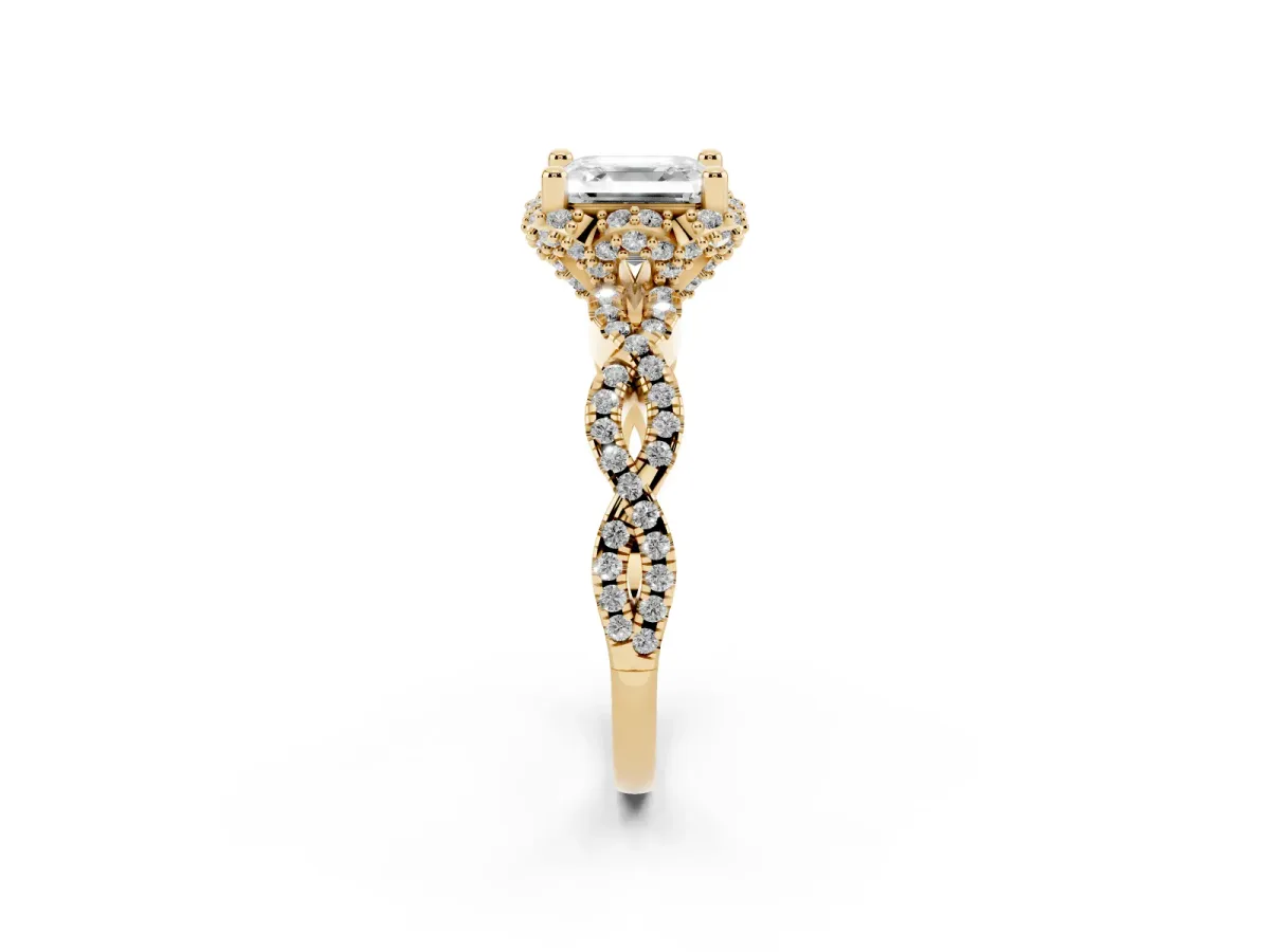 Asscher Cut Halo Twist Band Solitaire Ring with Six-Prong Setting Yellow gold