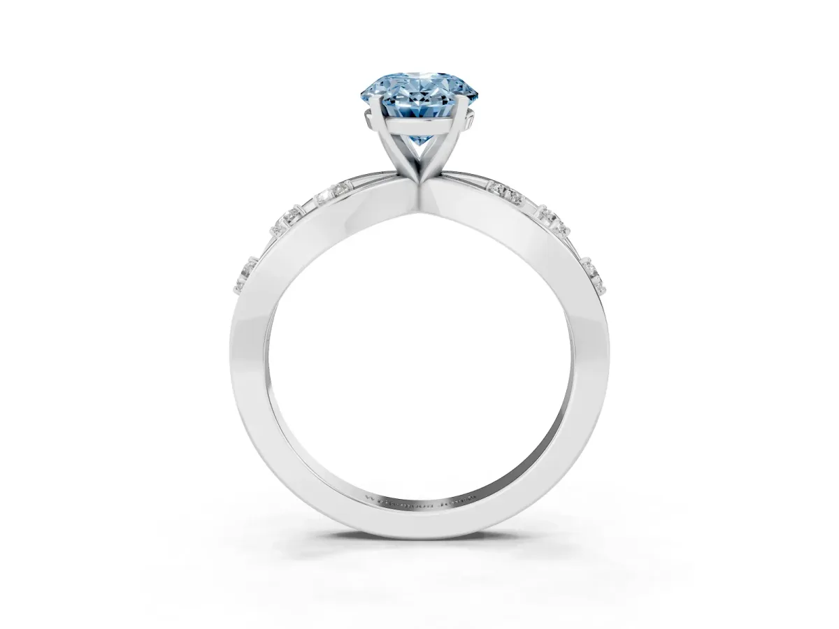 Fancy Blue Oval Cut Cut Solitaire Diamond with Side Stones on Criss-Cross Band and Four-Prong Setting Silver