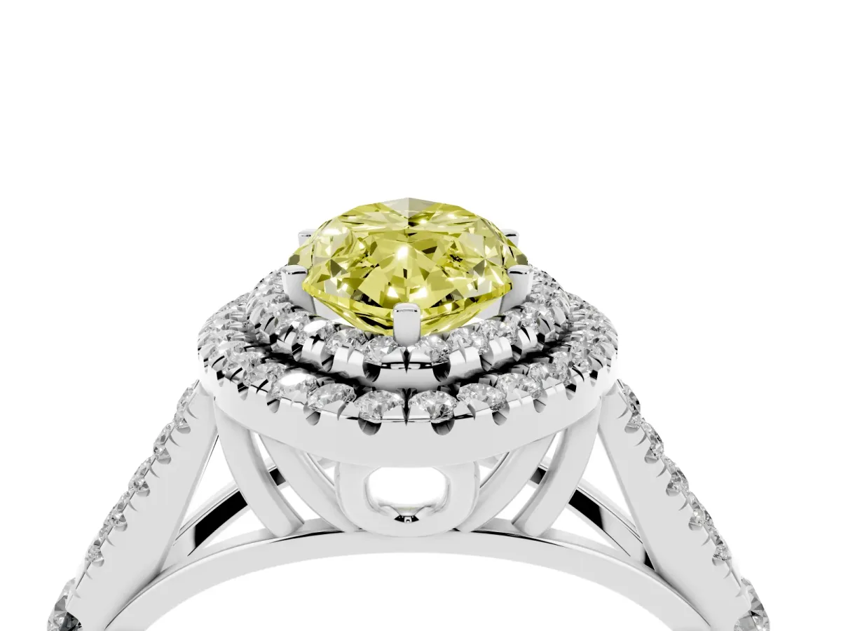 Fancy Yellow Marquise Cut Diamond Pavé Split Shank Double Halo Engagement Ring Silver
