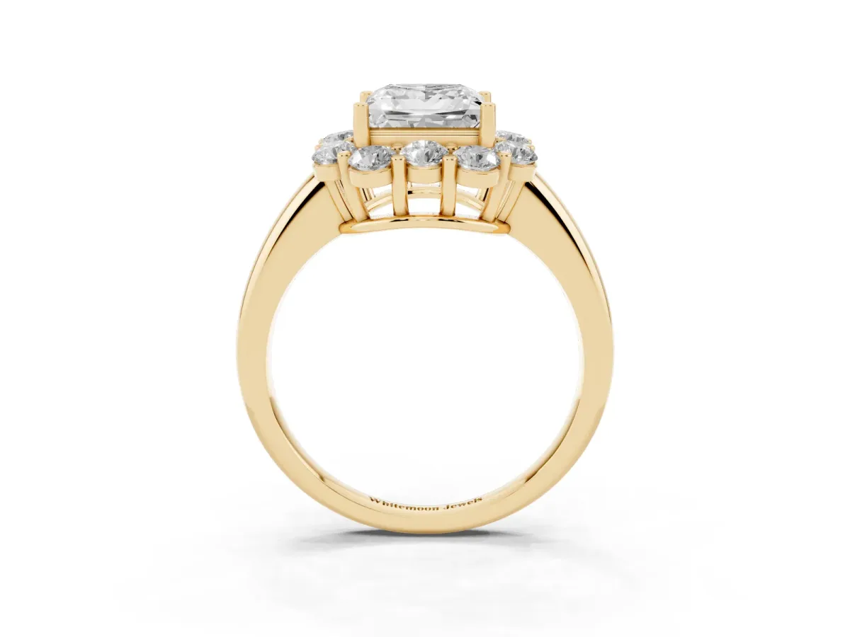 Princess Cut Halo Milgrain Solitaire with Bezel Set Side Stones and Pave Band Yellow gold