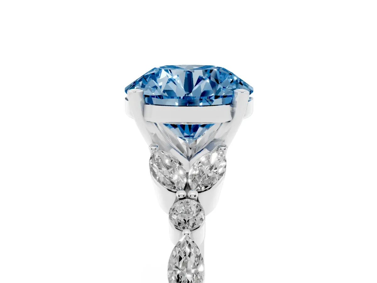Fancy Blue Round Cut Diamond Solitaire Ring with Side Stones and Four-Prong Setting White gold