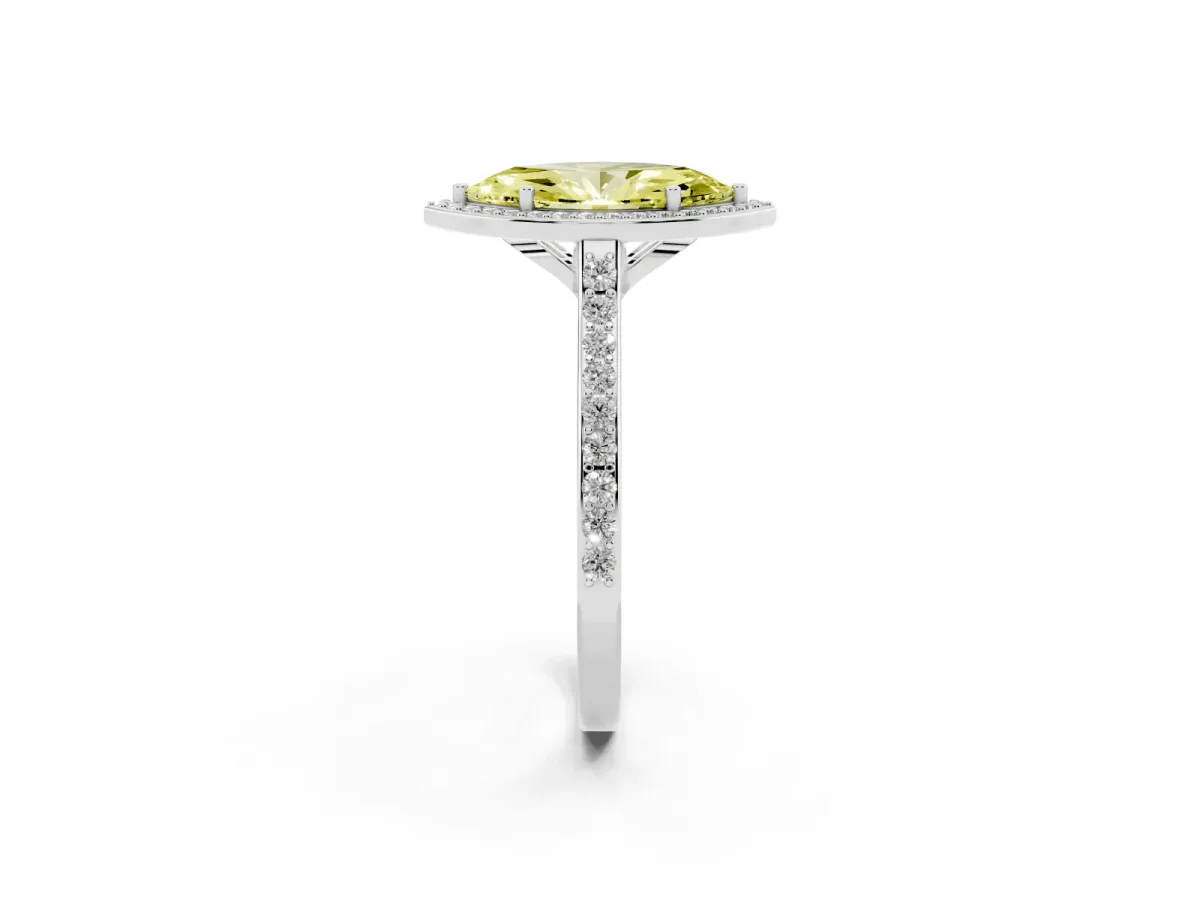 Fancy Yellow Marquise Cut Diamond Halo Engagement Ring with Round Pavé Shoulders and Prong Setting White gold