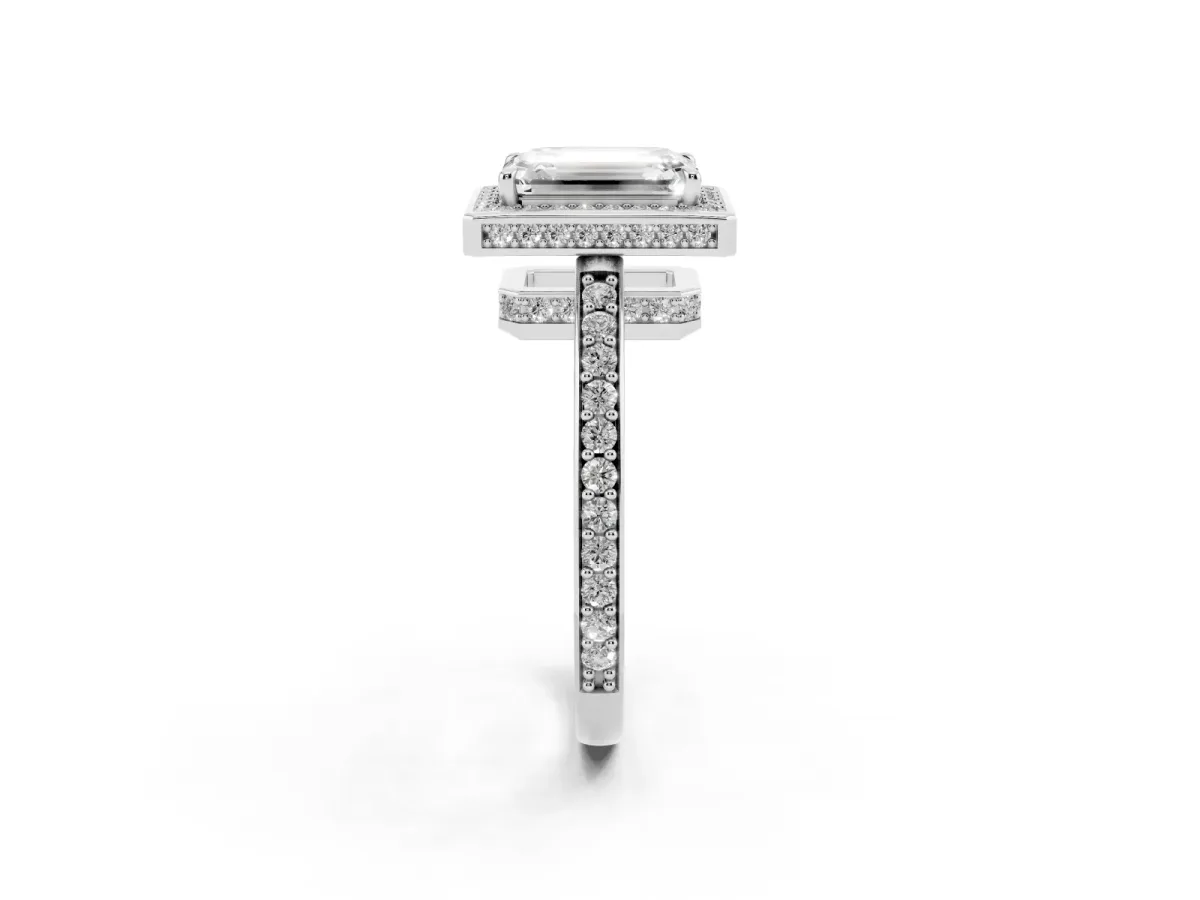 Emerald Cut Halo Pave Band Solitaire Ring with Prong Setting Silver