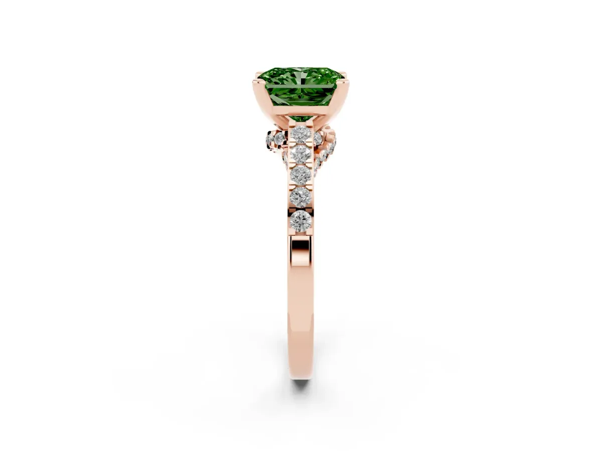 Fancy Green Radiant Cut Diamond Solitaire Ring with Crossover Gallery and Round Pavé Band Rose gold