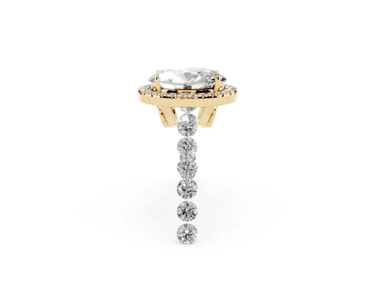 Oval Cut Halo Pavé Diamond Engagement Ring with Four-Prong Setting Yellow gold