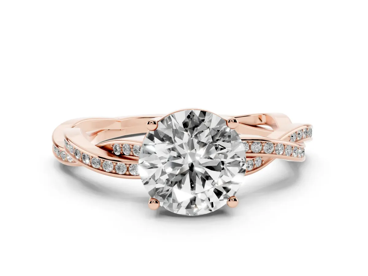 Round Cut Solitaire Twisted Pave Diamond Ring with Four-Prong Setting Rose gold