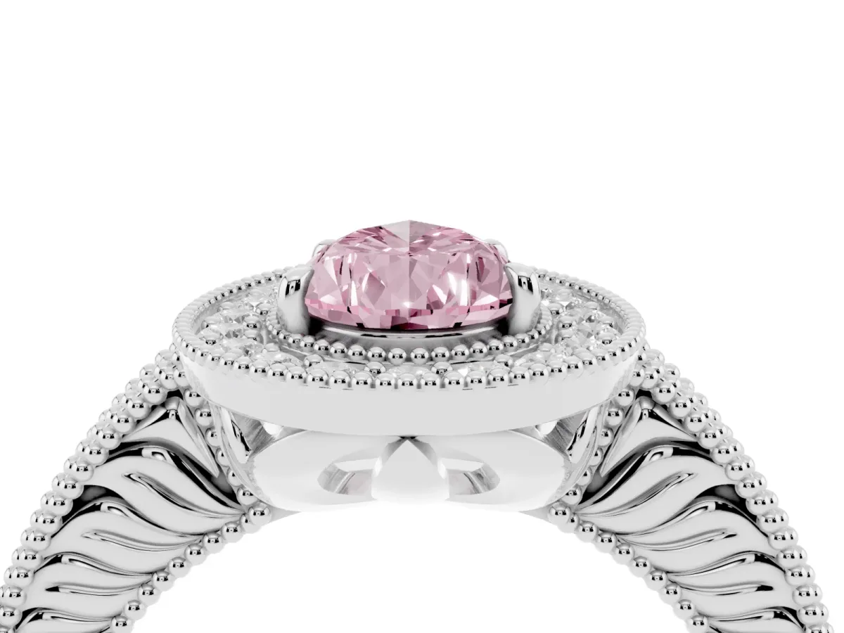 Fancy Pink Pear Cut Cut Halo Diamond Ring with Pavé Band and Four-Prong Setting Silver