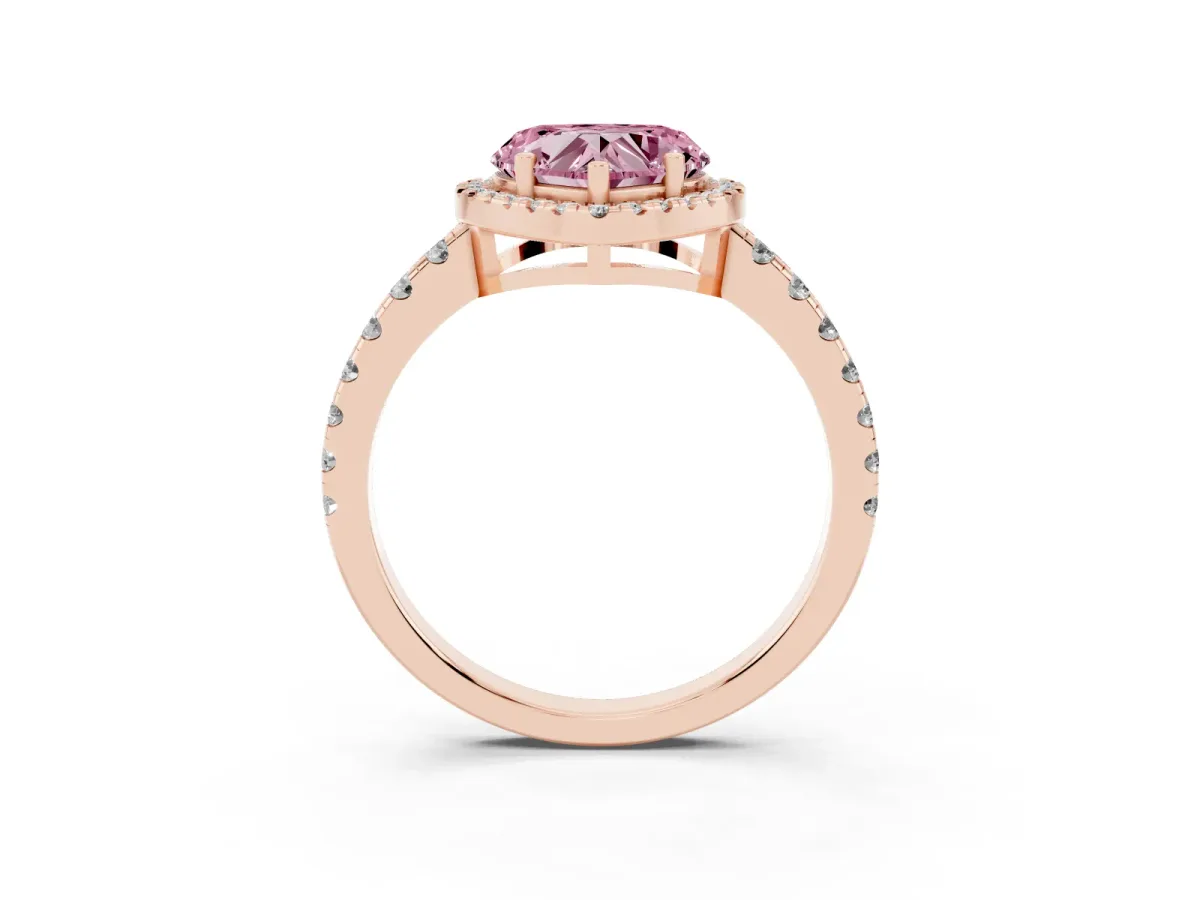 Fancy Pink Heart Cut Diamond Halo Ring with Pavé Band and Four-Prong Setting Rose gold
