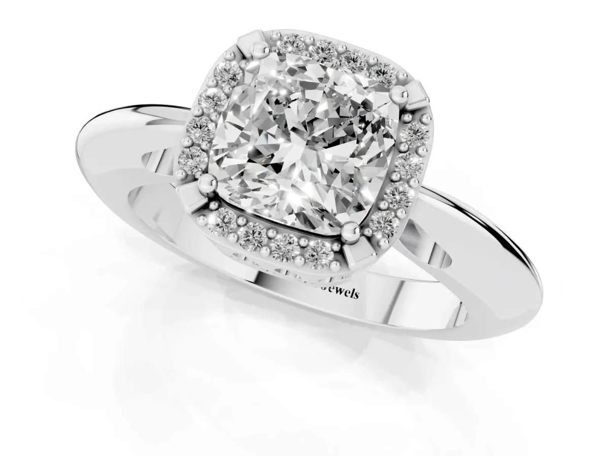 Cushion Cut Cut Diamond Halo Engagement Ring with Split Shank and Four-Prong Setting Silver