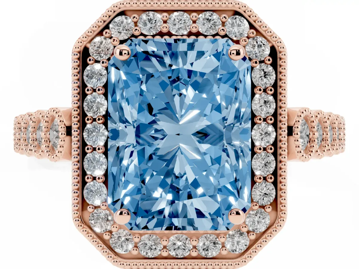 Fancy Blue Radiant Cut Halo Milgrain Solitaire with Bezel Set Side Stones and Pave Band Rose gold