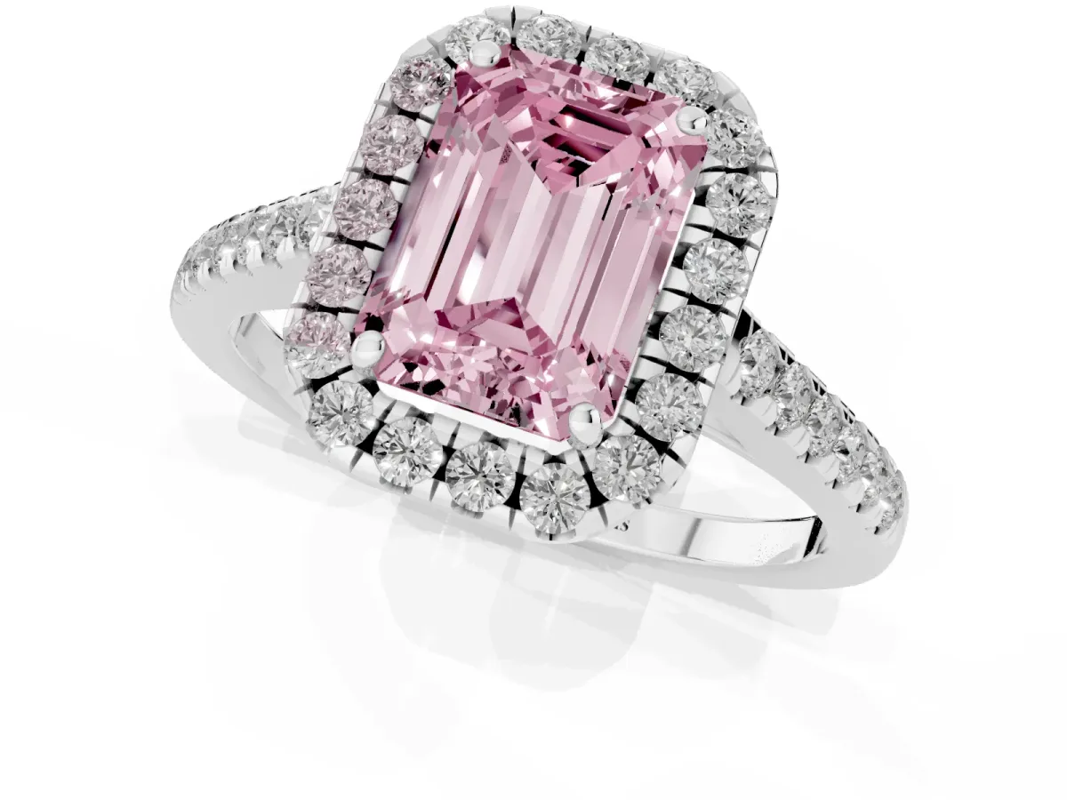Fancy Pink Emerald Cut Halo Pave Diamond Engagement Ring with Four-Prong Setting Silver