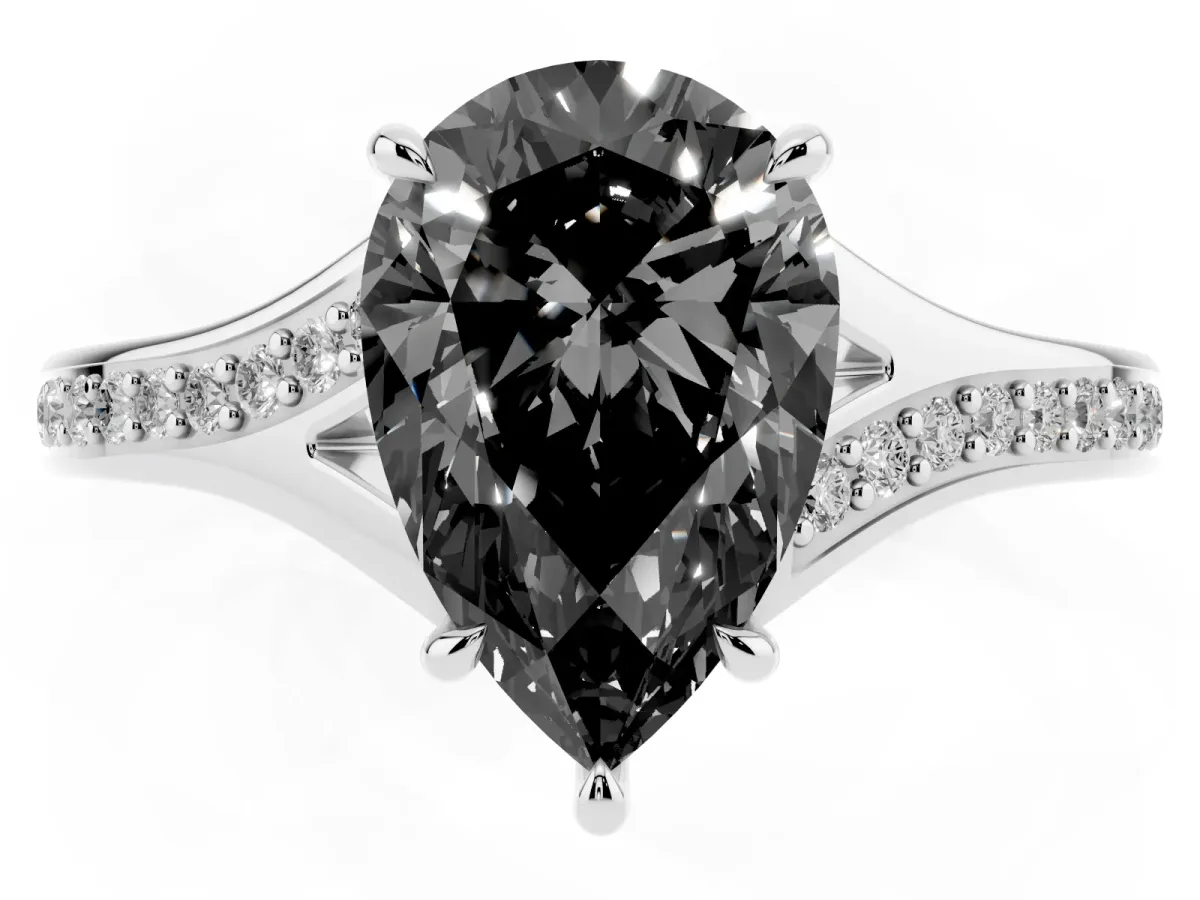 Fancy Black Pear Cut Diamond Solitaire Ring with Pavé Band and Prong Setting Silver