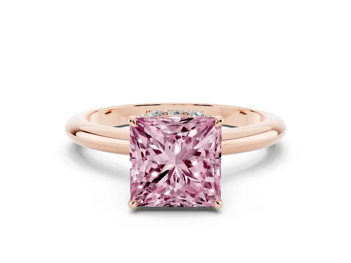 Fancy Pink Princess Cut Brilliant Solitaire Engagement Ring with Six-Prong Setting and Classic Band Rose gold