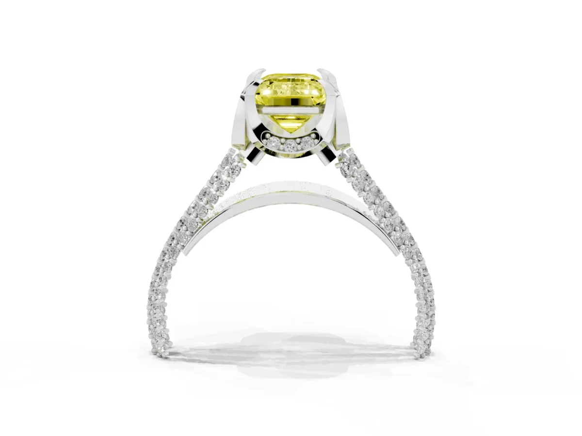 Fancy Yellow Emerald Cut Solitaire Pave Split Shank Ring with Four-Prong Setting Platinum