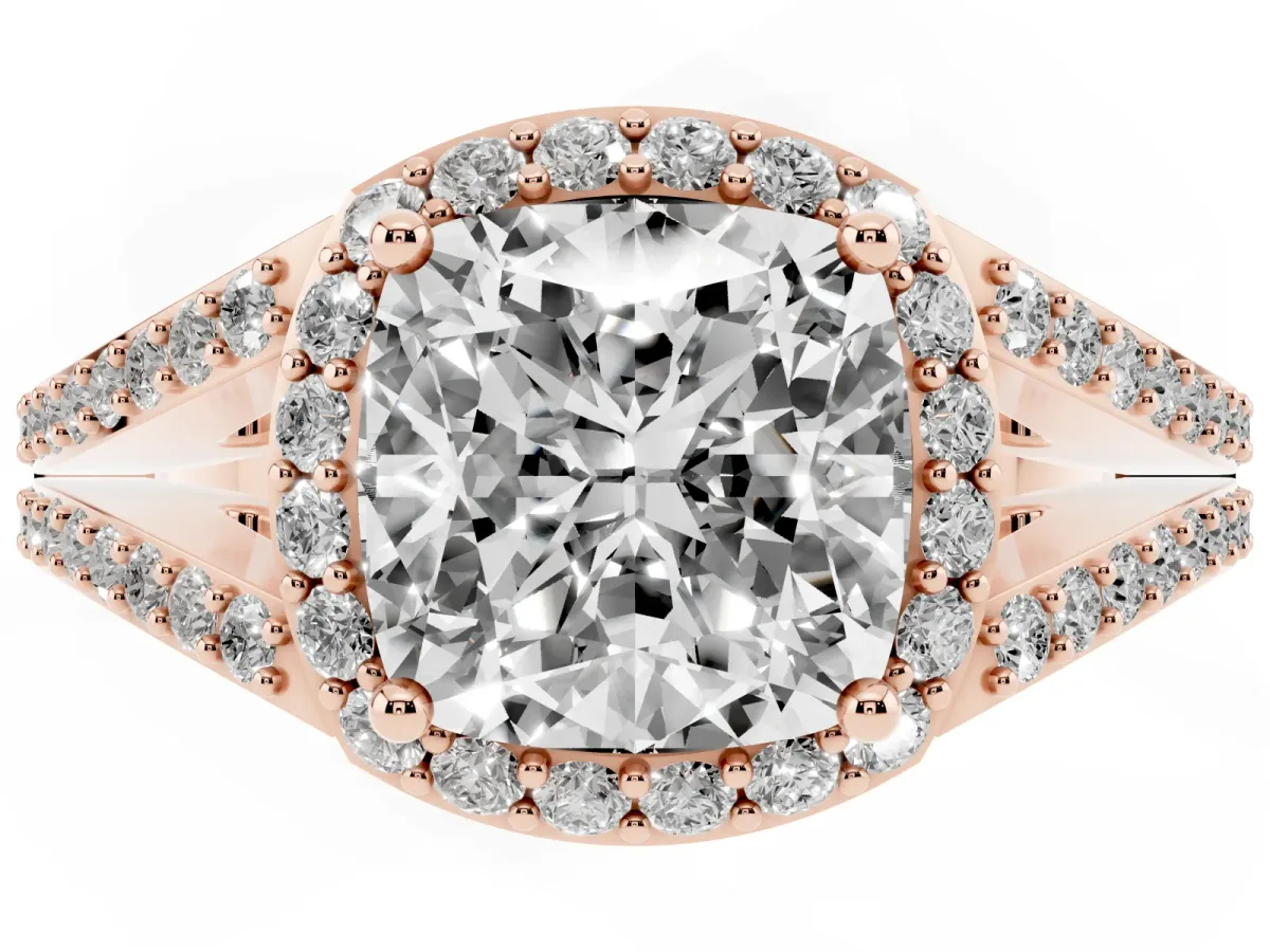 Cushion Cut Halo Split Shank Pave Diamond Ring with Four-Prong Setting Rose gold