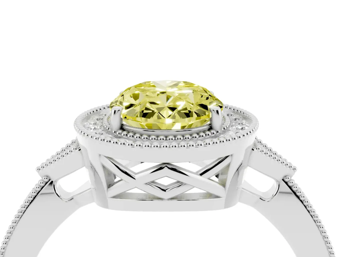 Fancy Yellow Oval Cut Halo Round Diamond Milgrain Pave Engagement Ring Platinum