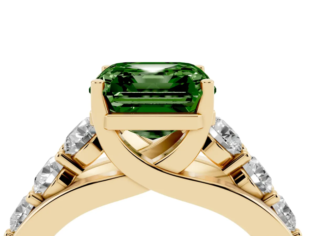 Fancy Green Asscher Cut Diamond Engagement Ring with Pavé Band and Four-Prong Setting Yellow gold