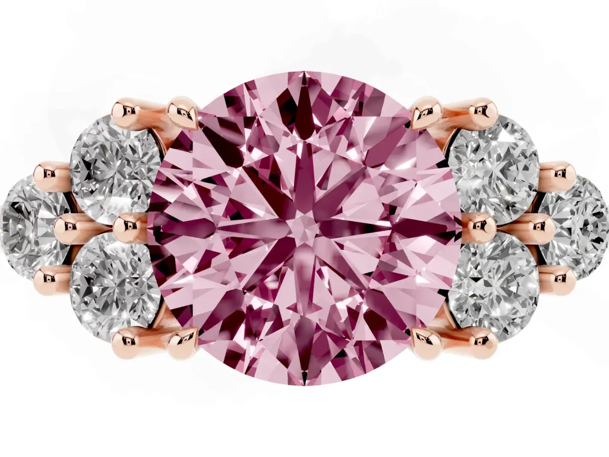 Fancy Pink Round Cut Brilliant Diamond Cluster Accent Solitaire Ring with Prong Setting Rose gold