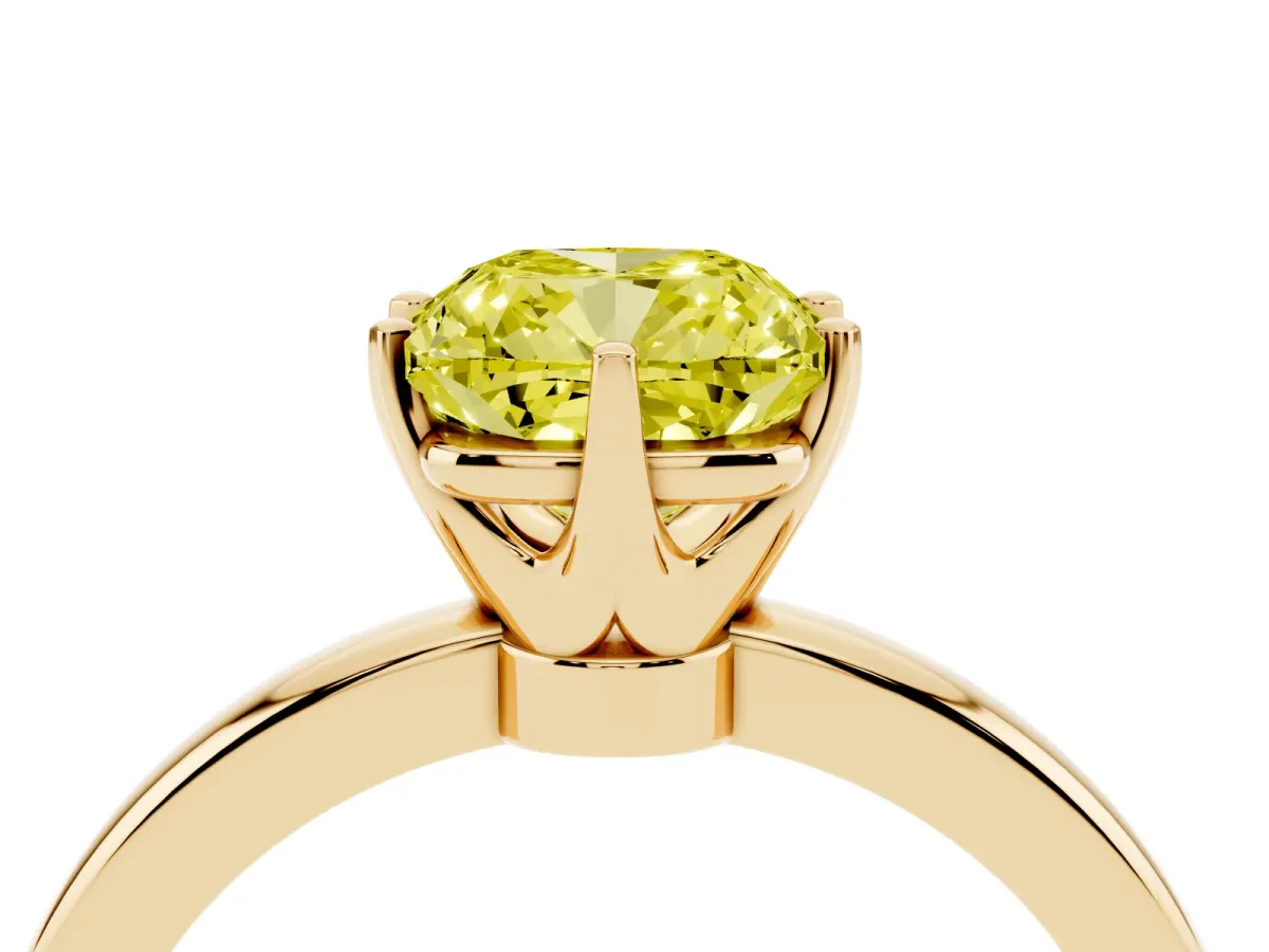 Fancy Yellow Cushion Cut Solitaire Diamond Ring with Six-Prong Setting on a Classic Band Yellow gold