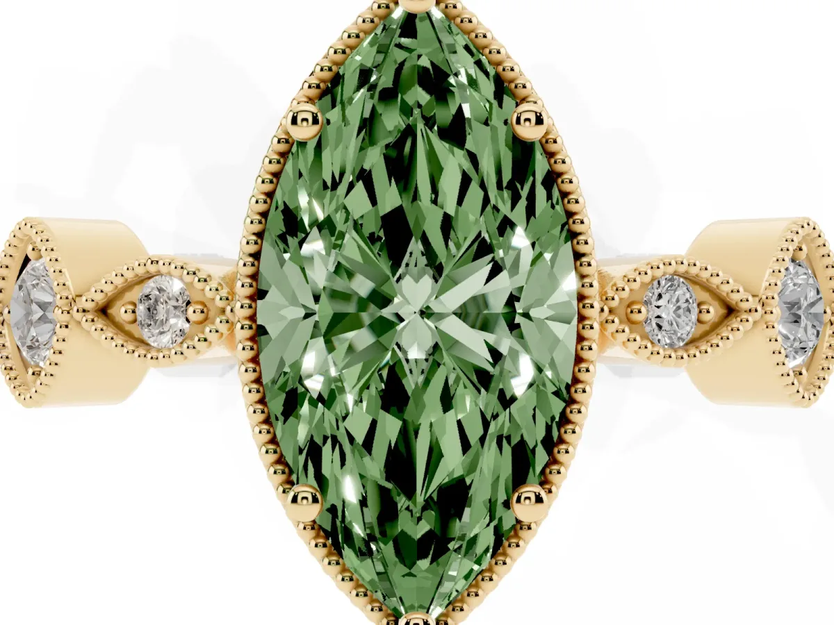 Fancy Green Marquise Cut Diamond Vintage Milgrain Ring with Round Stations Yellow gold