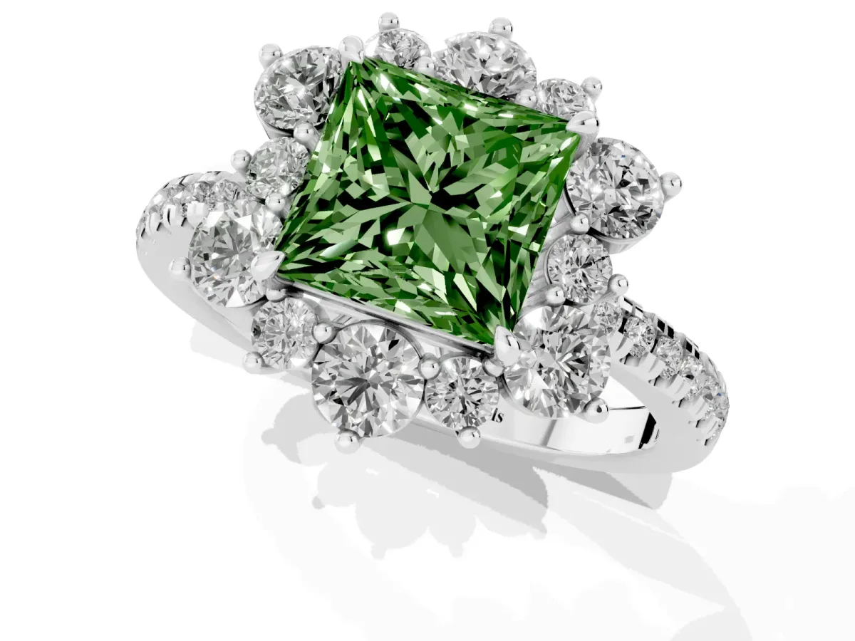 Fancy Green Princess Cut Diamond Floral Halo Ring with Round Pavé Band and Prong Setting Silver