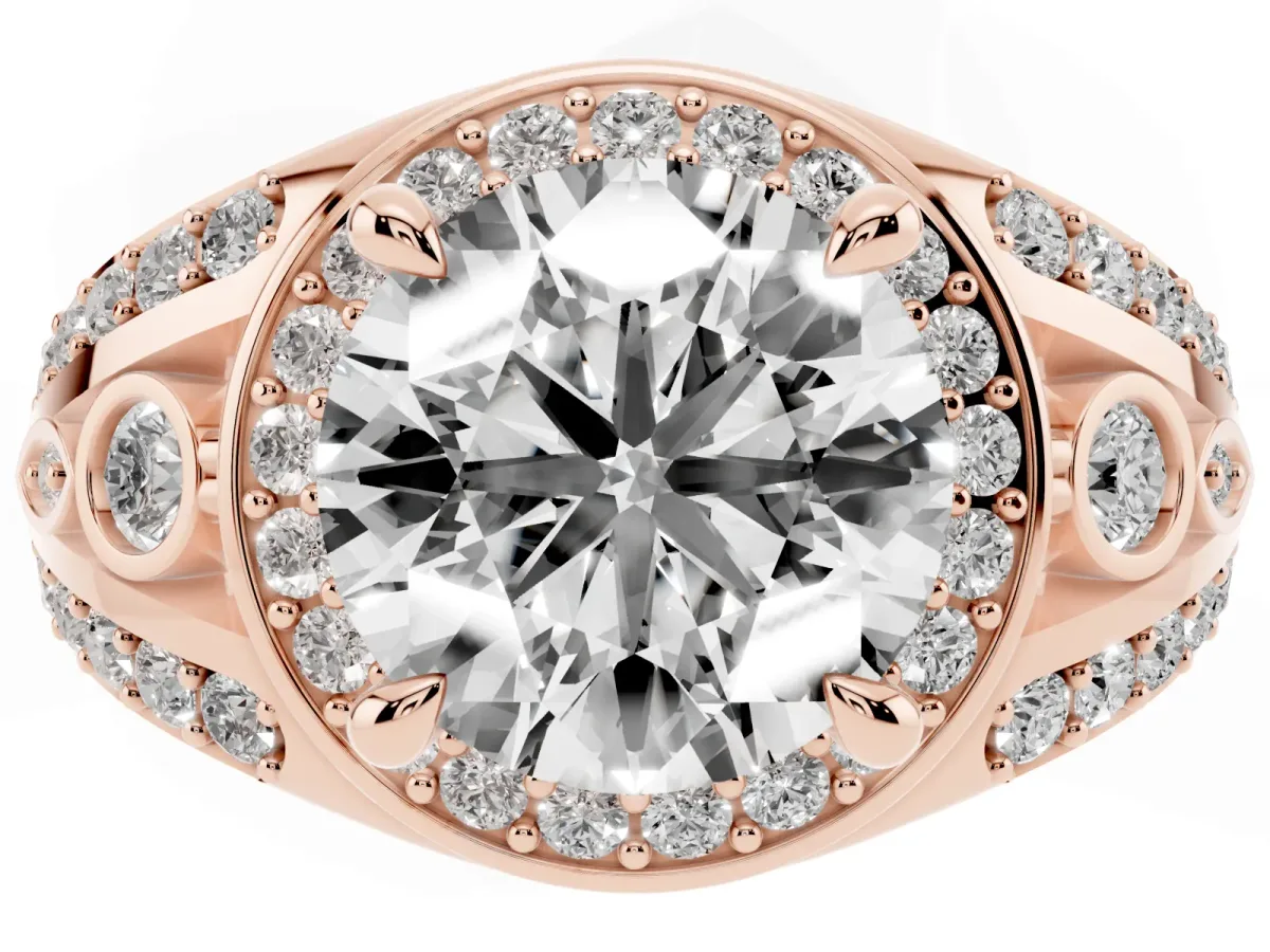 Round Cut Diamond Halo Ring with Split Shank and Bezel Accents and Four-Prong Setting Rose gold