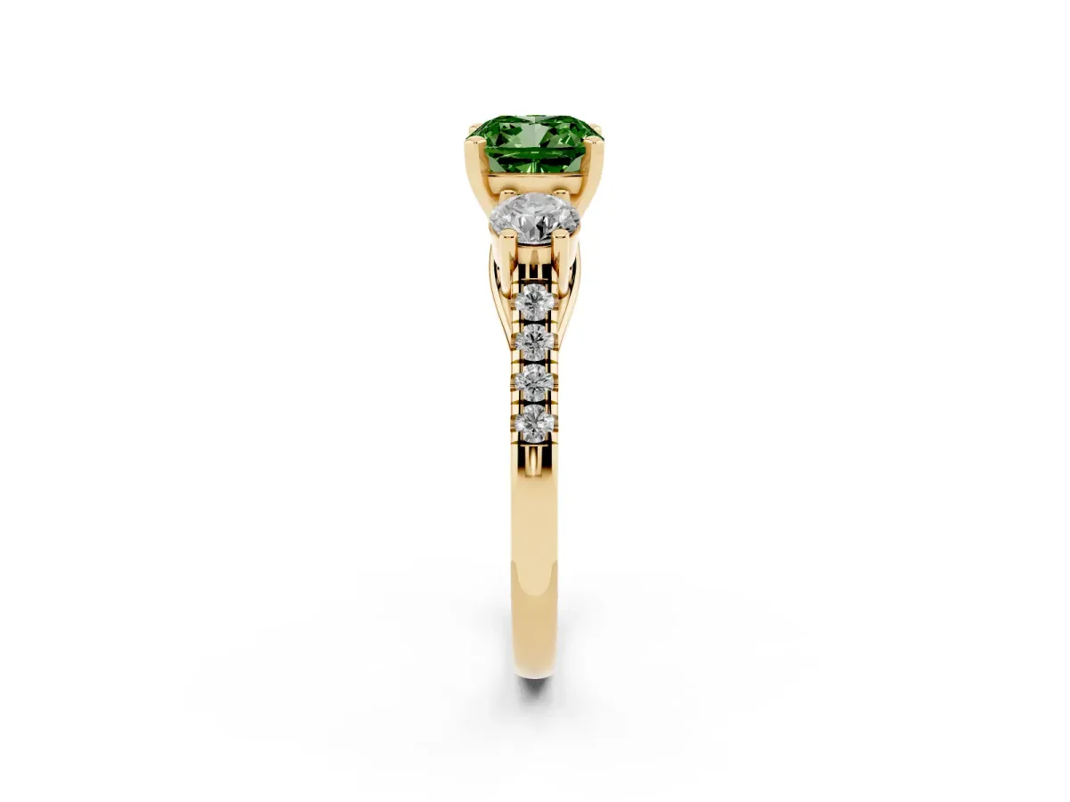 Fancy Green Three-Stone Cushion Cut Diamond Pavé Band with Four-Prong Setting Yellow gold