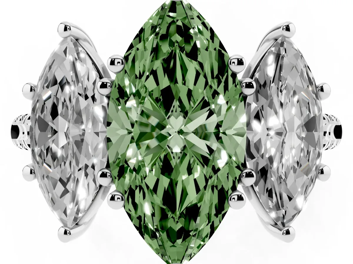 Fancy Green Three-Stone Marquise Cut Diamond Ring with Round Pavé Band and Prong Setting Silver