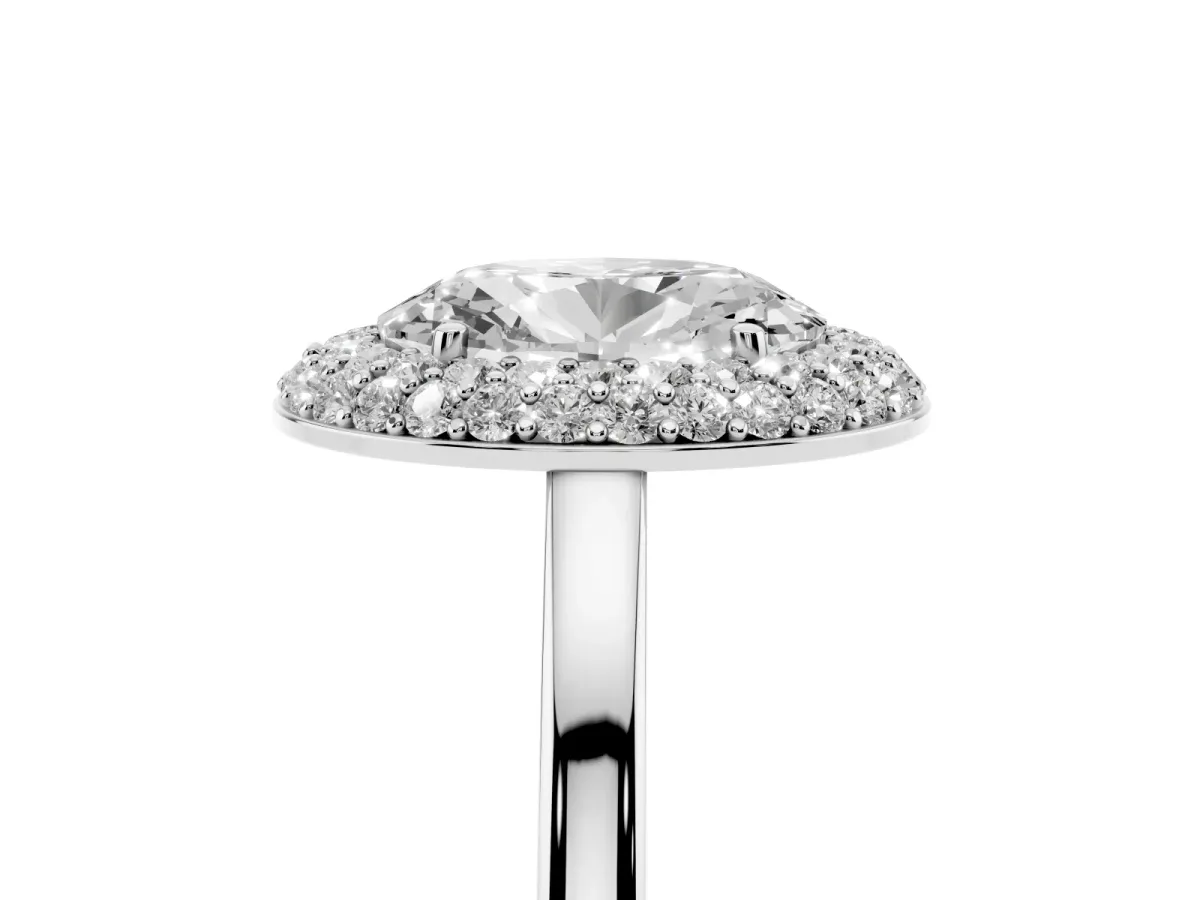 Oval Cut Halo Diamond Engagement Ring with Solitaire Band and Four-Prong Setting Silver