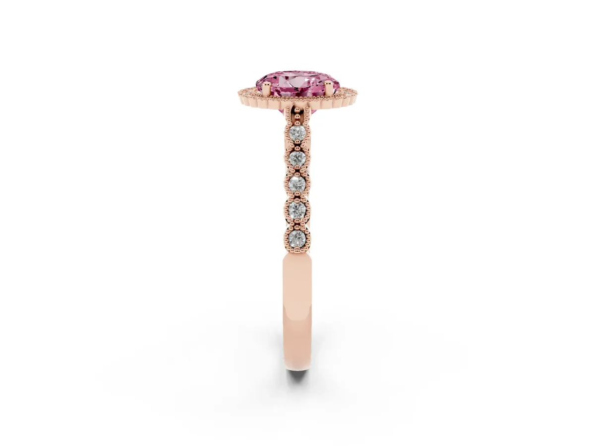 Fancy Pink Round Cut Cut Halo Pavé Solitaire Ring with Milgrain Band Rose gold