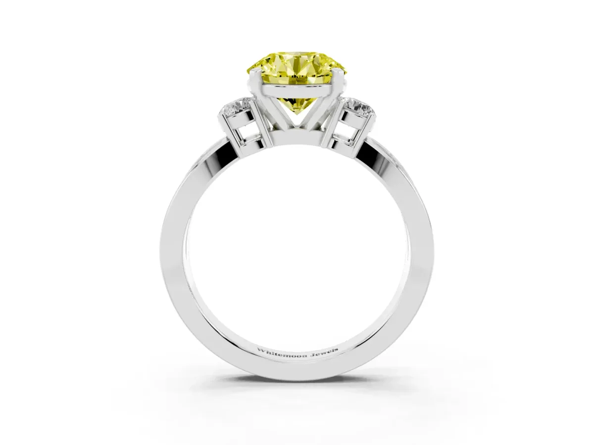 Fancy Yellow Three-Stone Round Cut Cut Diamond Twist Band with Prong Setting Platinum