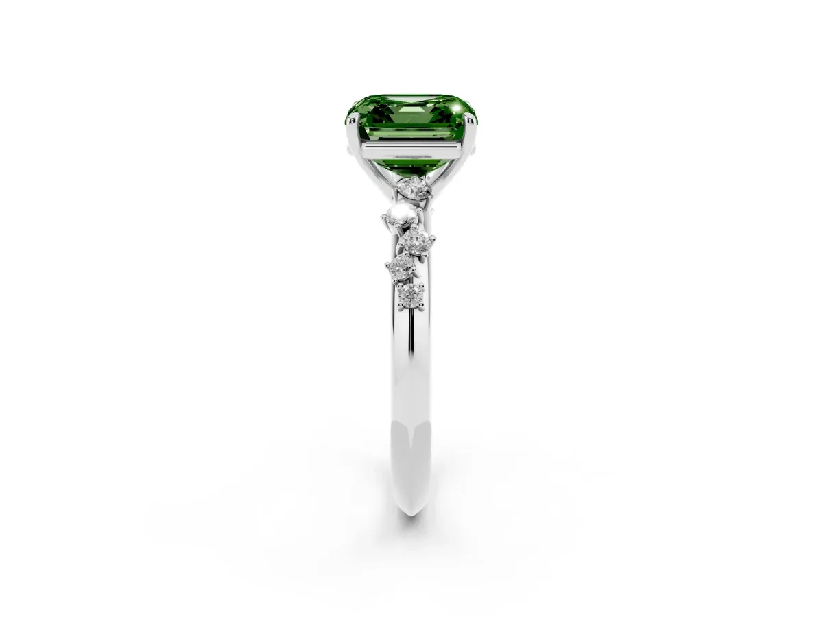 Fancy Green Asscher Cut Diamond Cluster Side Stone Solitaire Ring with Prong Setting Platinum