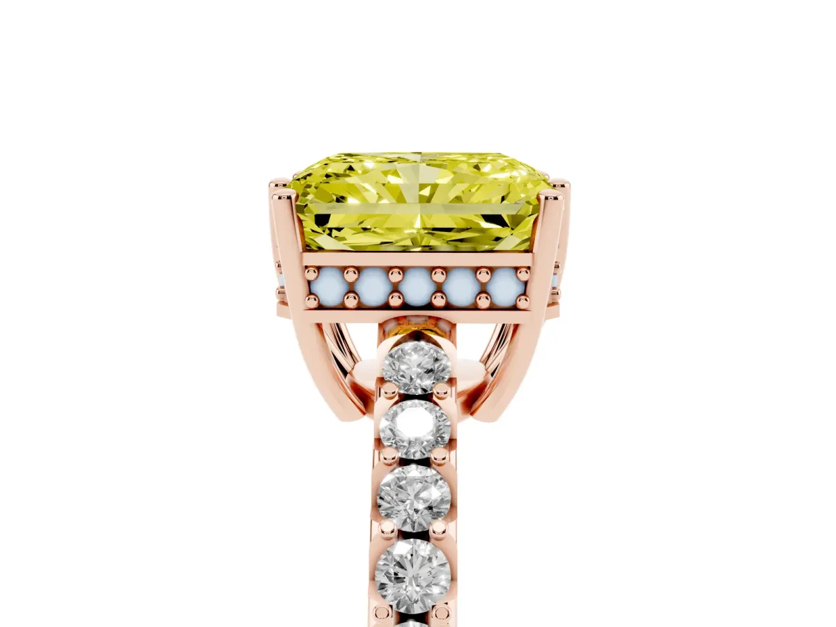 Fancy Yellow Radiant Cut Solitaire Diamond Engagement Ring with Pavé Band and Six-Prong Setting Rose gold