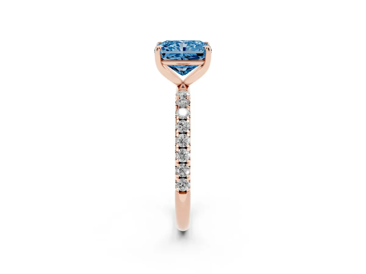 Fancy Blue Radiant Cut Cut Diamond Solitaire Ring with Micro Pave Band and Four Prong Setting Rose gold