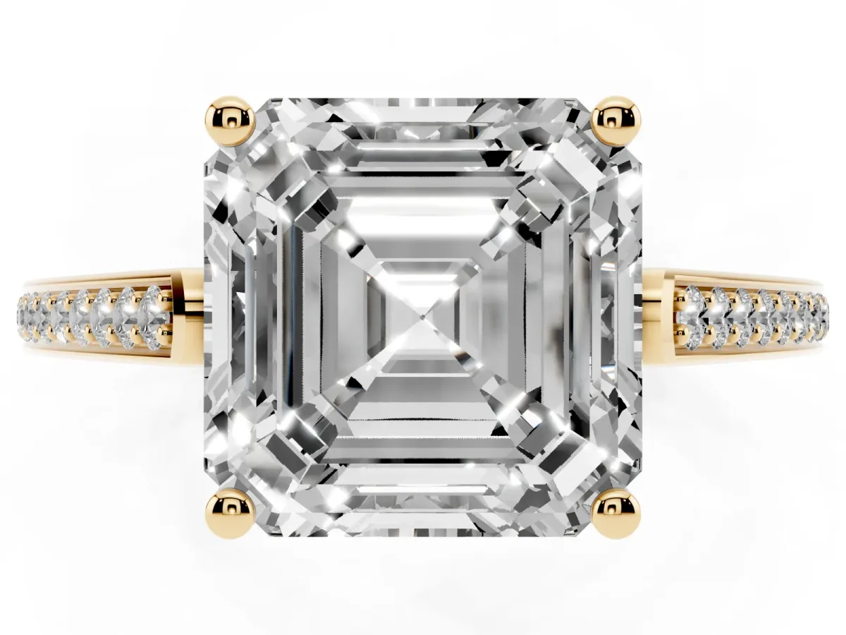 Asscher Cut Cut Cathedral Pave Diamond Engagement Ring with Six-Prong Setting Yellow gold