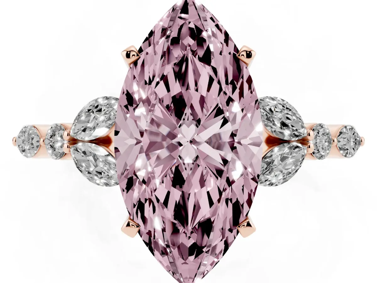 Fancy Pink Marquise Cut Diamond Solitaire Ring with Side Stones and Four-Prong Setting Rose gold