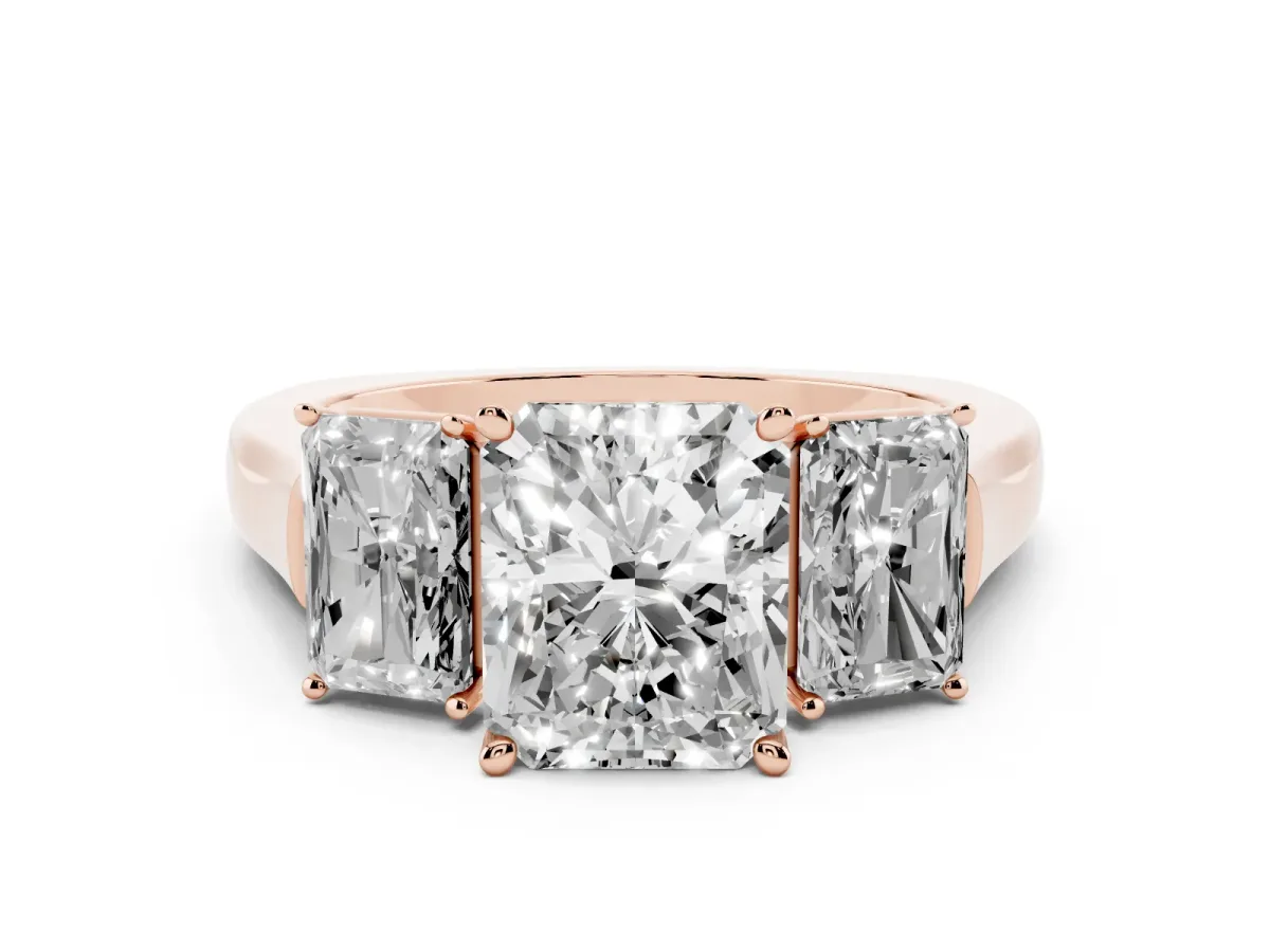 Three-Stone Radiant Cut Brilliant Diamond Trellis Ring with Comfort Fit Band Rose gold
