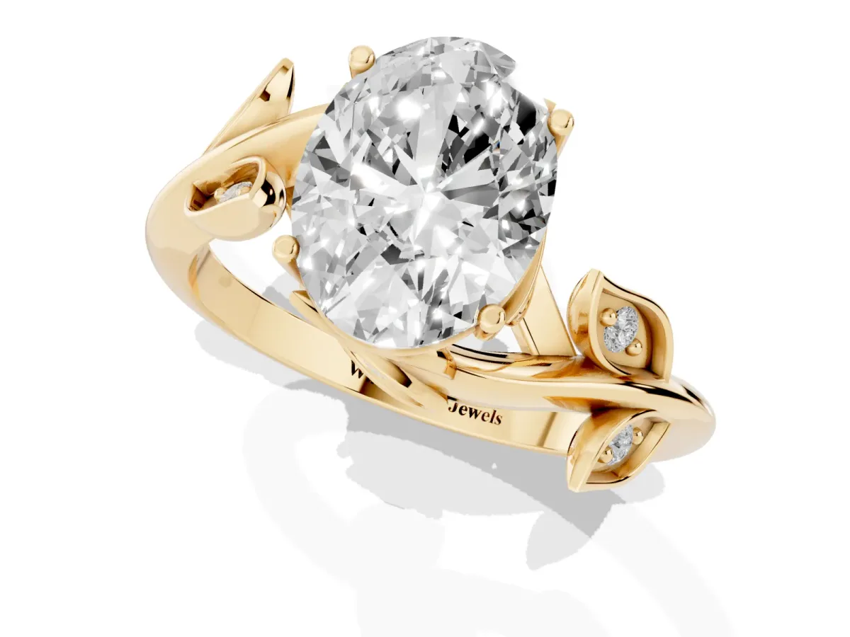 Oval Cut Solitaire Twist Engagement Ring with Leaf Accents and Prong Setting Yellow gold