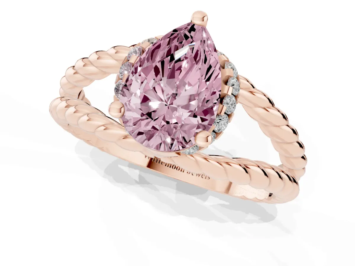Fancy Pink Pear Cut Halo Twisted Band Four-Prong Ring Rose gold