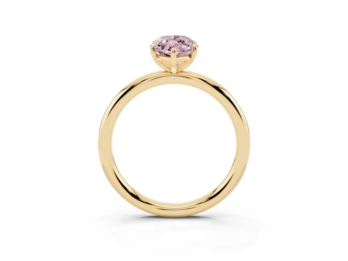 Fancy Pink Oval Cut Solitaire Diamond Ring with Four-Prong Setting on a Plain Band Yellow gold