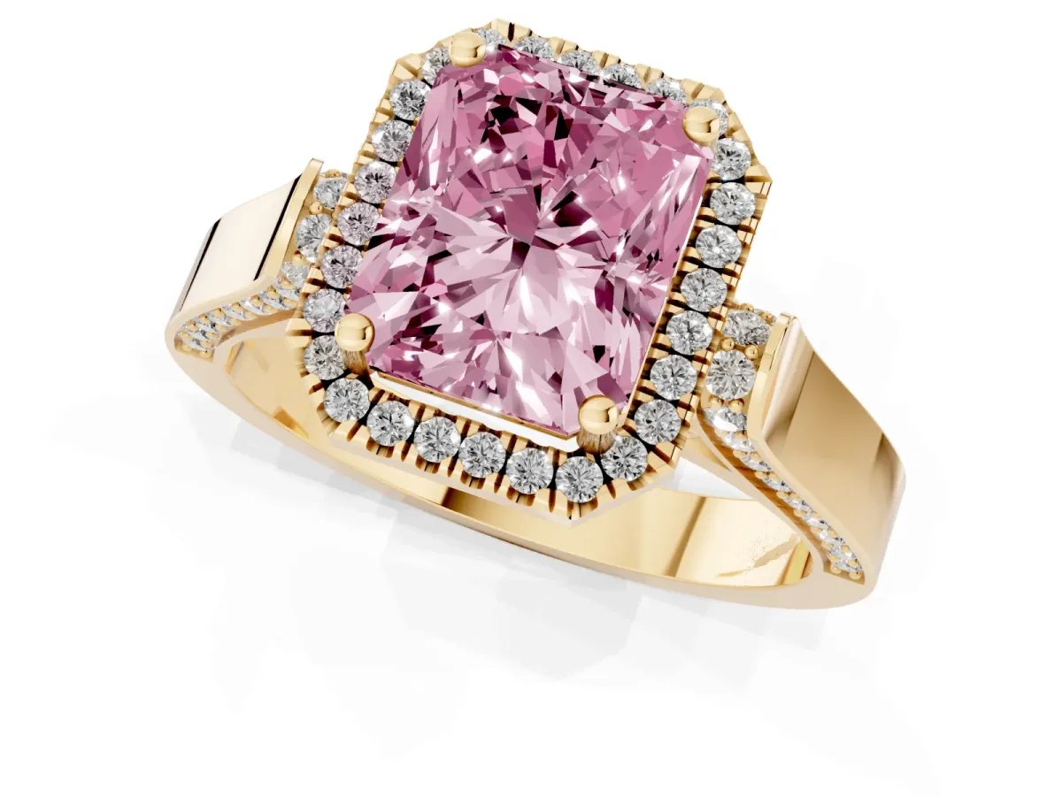 Fancy Pink Radiant Cut Halo Pave Split Shank Prong Setting Ring Yellow gold