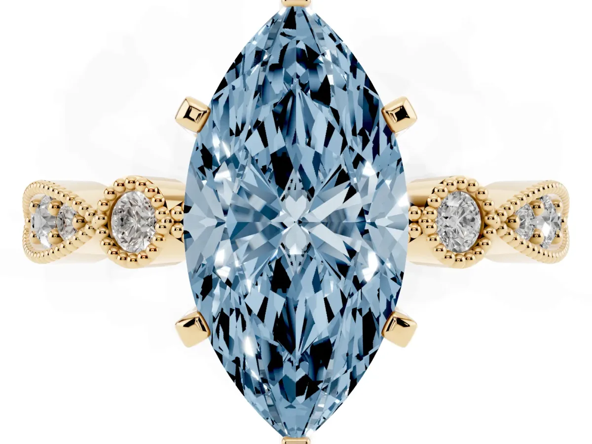 Fancy Blue Marquise Cut Milgrain Bezel Diamond Engagement Ring with Solitaire Prong Setting Yellow gold