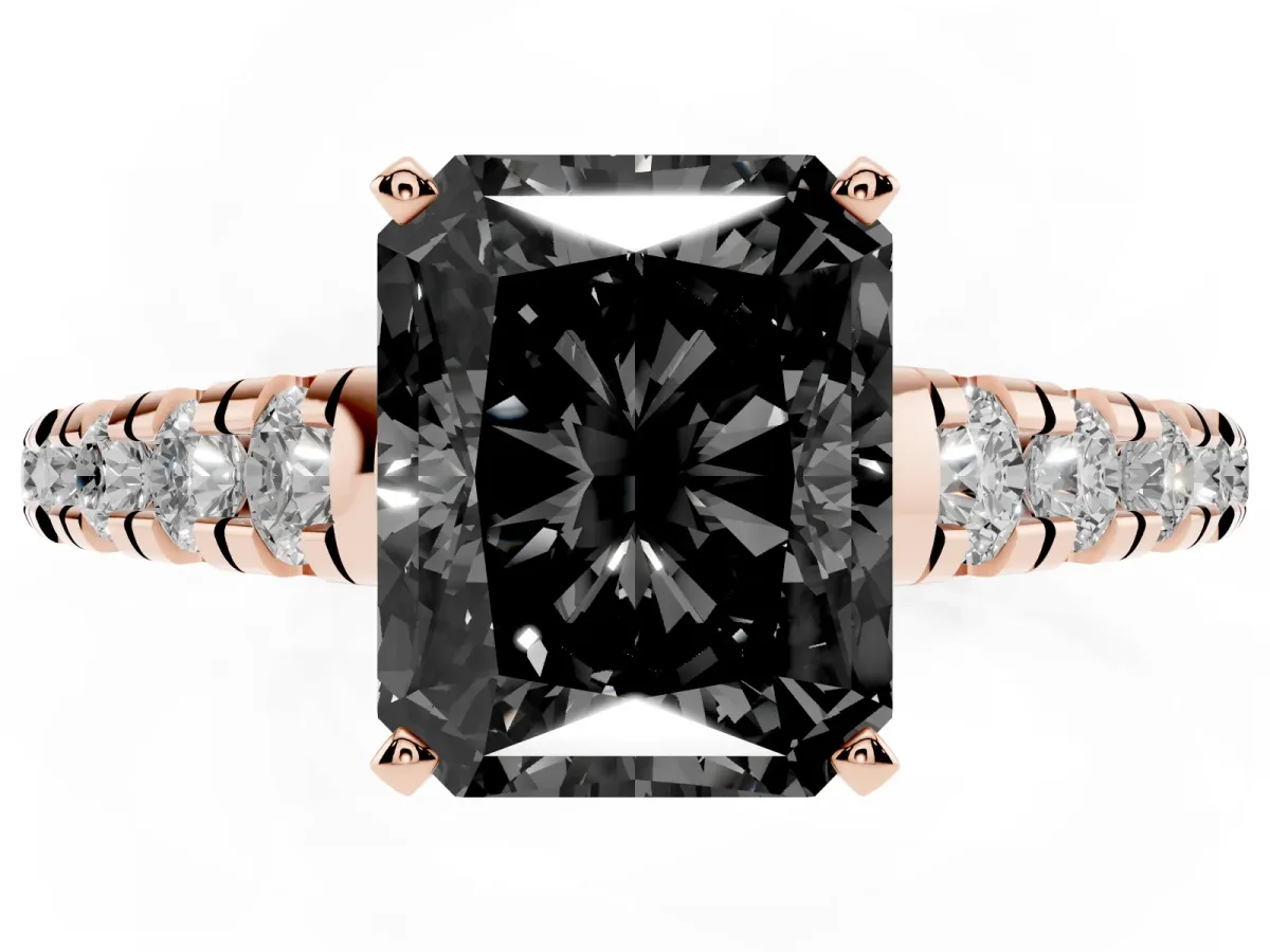 Fancy Black Radiant Cut Diamond Cathedral Solitaire Ring with Round Pavé Band Rose gold