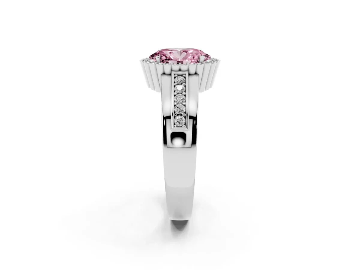 Fancy Pink Oval Cut Cut Halo Pave Band Four-Prong Ring Platinum