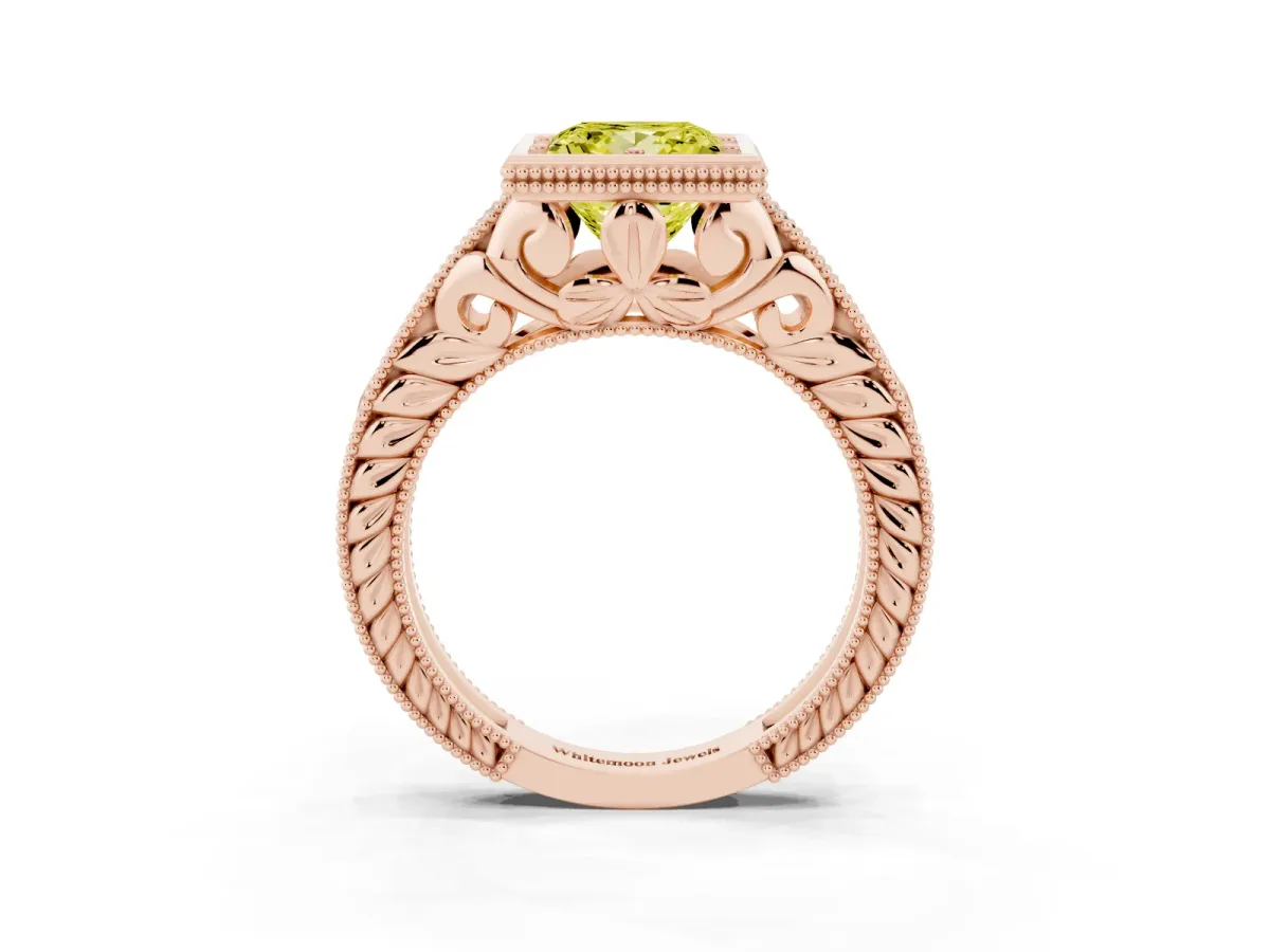 Fancy Yellow Bezel Set Princess Cut Diamond Milgrain Pave Engagement Ring Rose gold