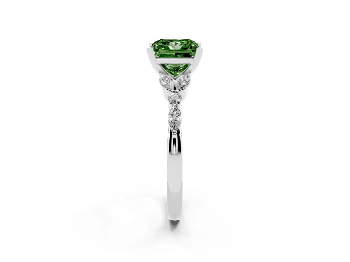 Fancy Green Princess Cut Diamond Solitaire Ring with Side Stones and Four-Prong Setting Silver