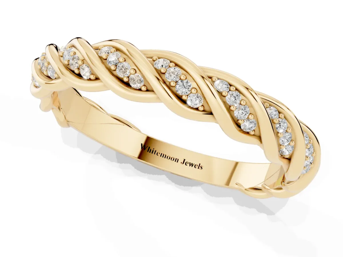Twisted Pavé Round Diamond Eternity Band with Shared Prong Setting Yellow gold