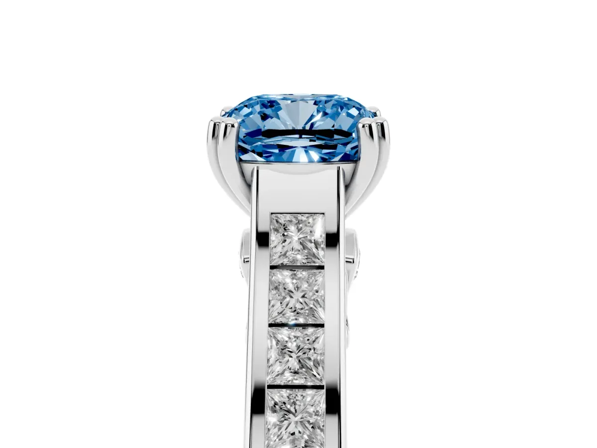 Fancy Blue Cushion Cut Cut Channel Set Solitaire Engagement Ring with Prong Setting Platinum