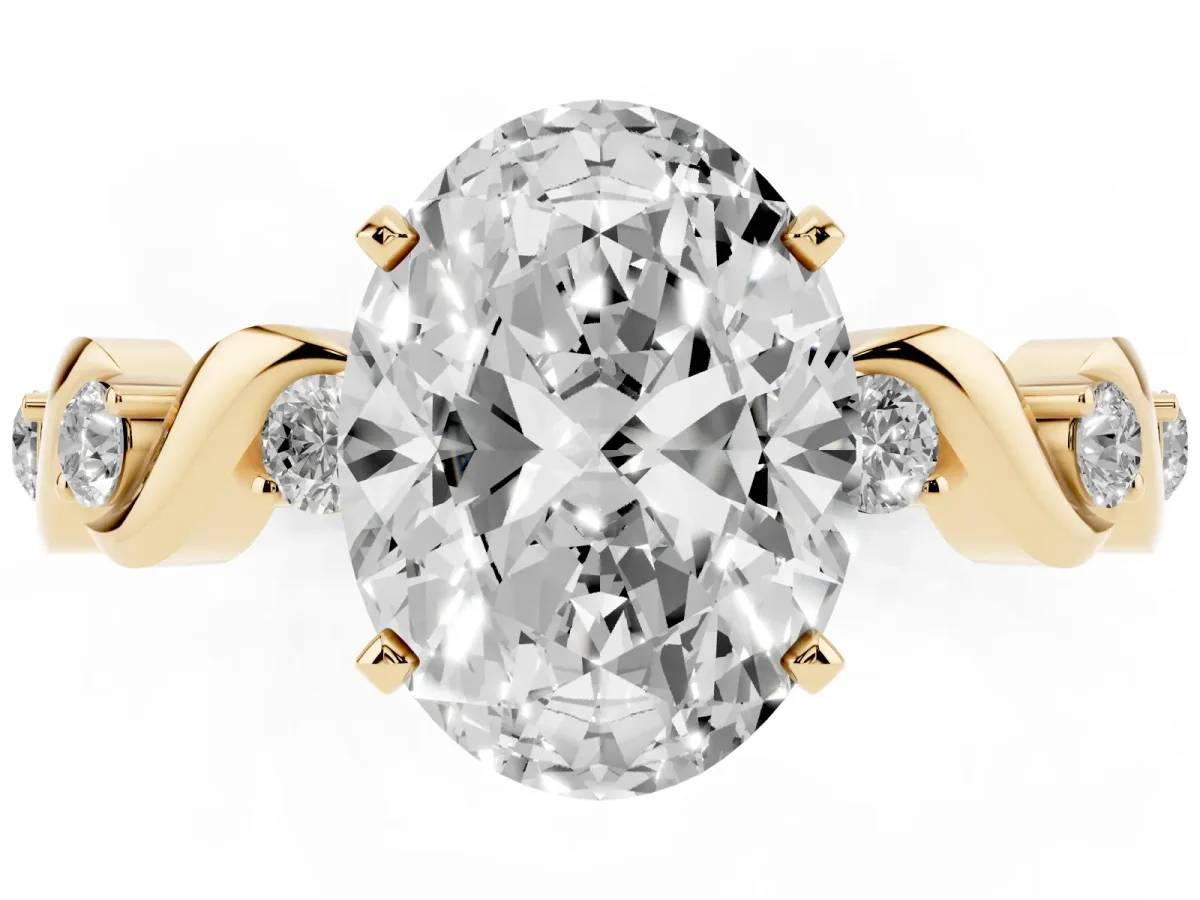 Oval Cut Diamond Solitaire Twisted Band with Round Accents and Prong Setting Yellow gold